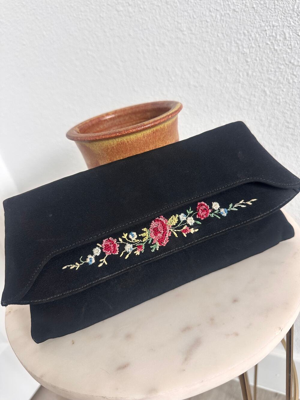 Vintage 1950s Majestic Black Floral Embroidered Evening Clutch Mid Century